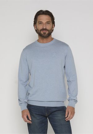 Mężczyzna z brodą w jasnoniebieskim swetrze typu crewneck i ciemnoniebieskich dżinsach, stojący na tle jednolitego jasnego tła.