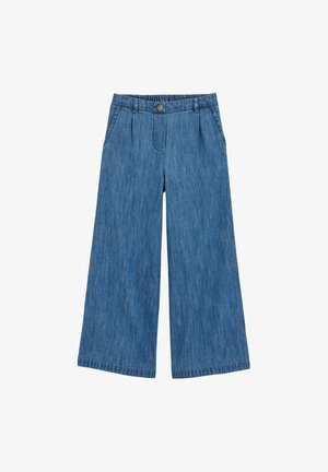 Široke svetlo modre kavbojke z elastiko v pasu, sprednjimi žepi in gumbnim zapiranjem. Gladek tekstura z bledenim vzorcem.