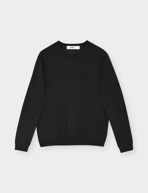 Sort langærmet crewneck-trøje med ribbet manchetter og kant, vist fladt mod en hvid baggrund.