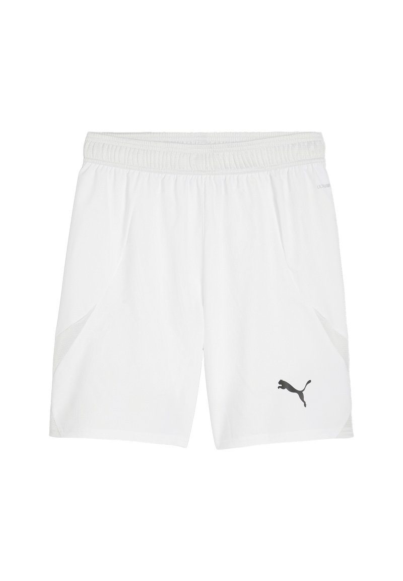 Witte sportieve shorts van lichtgewicht stof, met een elastische tailleband, zijzakken en een zwart Puma-logo op de linker bovenbeen.