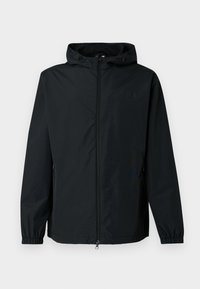 Fekete szélálló dzseki cipzáras elejjel, állítható kapucnival, rugalmas mandzsettákkal és finom logórészlettel a mellkason. Texturált anyag.
