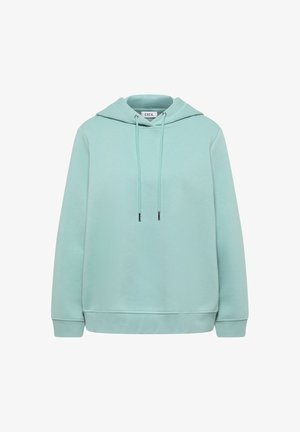Miętowy hoodie z kapturem na sznurki, długimi rękawami i ściągaczem u dołu. Wykonany z miękkiej tkaniny o gładkiej fakturze. Minimalistyczny design.