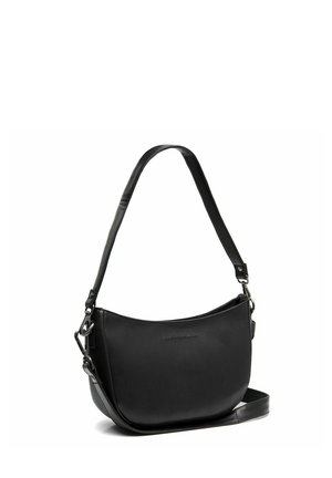 Black leather shoulder bag with a curved design, adjustable strap, and silver hardware accents. Smooth texture with minimal branding detail.