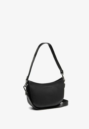 Black leather shoulder bag with a curved design, adjustable strap, and silver hardware accents. Smooth texture with minimal branding detail.