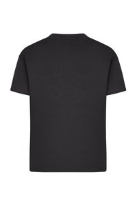 Svart bomull T-skjorte; kortermet, rund hals; ensfarget, uten mønstre eller grafikk; glatt tekstur, uformelt design.
