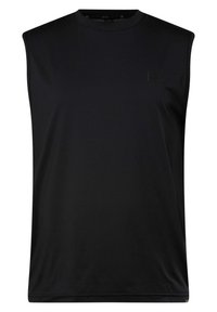 Top atletico senza maniche nero realizzato in tessuto morbido e leggero, con scollatura rotonda e logo in rilievo discreto sul petto.