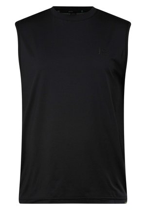 Sort ærmeløs træningstop lavet af glat, letvægtsstof, med rund halsudskæring og diskret præget logo på brystet.