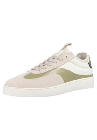 Shoe with a light beige suede upper, olive green accent, white canvas stripe, and a white rubber sole. Features lace closure and pull tab.
