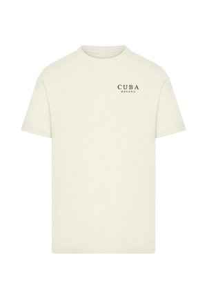 Tricou crem din bumbac, cu mâneci scurte, având textul "CUBA HAVANA" în negru pe partea stângă a pieptului. Design simplu.