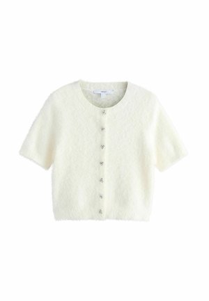 Cardigan alb pufos cu mânecă scurtă, guler rotund și nasturi decorativi cu pietre prețioase pe față.