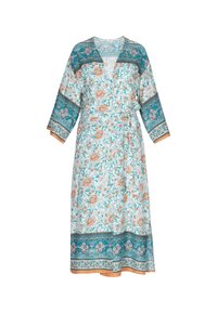 Vestito avvolgente a stampa floreale in azzurro chiaro con accenti turchesi e arancioni. Presenta maniche a tre quarti e una cintura per una vestibilità regolabile.