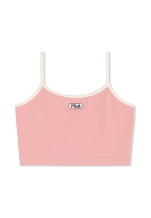 Różowy, krótki top na cienkich białych ramiączkach z naszywką z logo FILA na środku klatki piersiowej.
