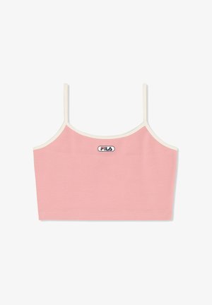 Canottiera corta rosa con sottili spalline bianche e patch con il logo FILA al centro del petto.