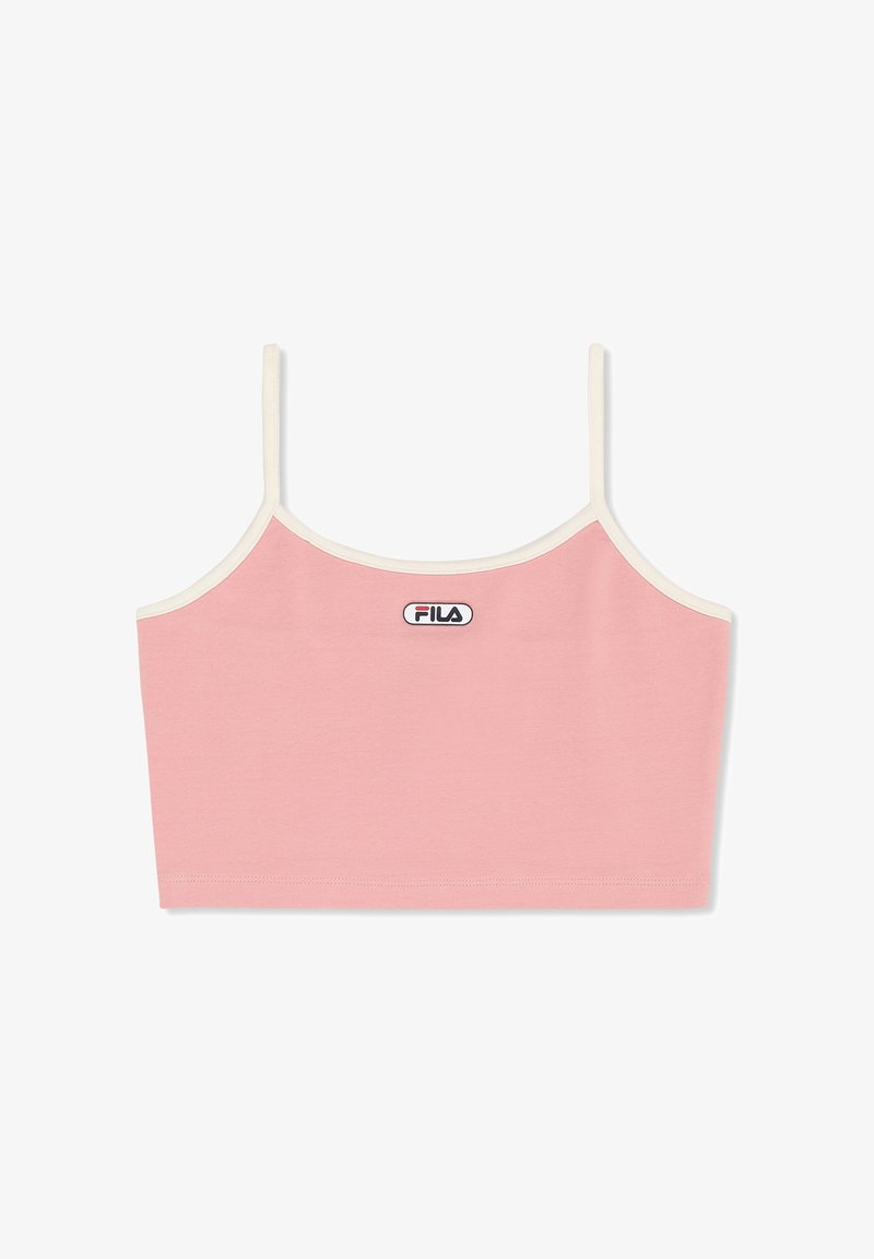 Camisole rose courte avec fines bretelles blanches et patch logo FILA centré sur la poitrine.
