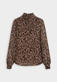 Blouse à imprimé léopard en brun et noir. Tissu léger et transparent avec un col montant et de longues manches bouffantes ; détail de plis subtil à l'avant.