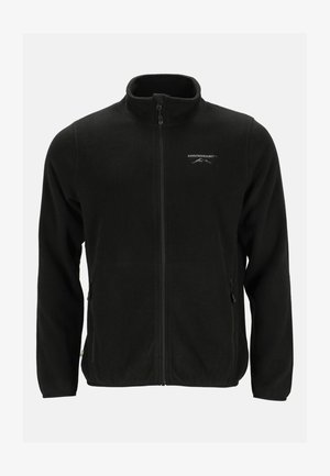Mustaa fleece-takkia, jossa on korkea kaulus, täysi vetoketju edessä, kaksi sivutaskua ja logo näkyvissä vasemmassa yläkulmassa. Pehmeä rakenne.
