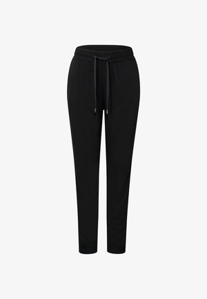 Pantaloni jogger neri con vita elastica, coulisse regolabile, gambe affusolate e senza motivi o dettagli hardware visibili.