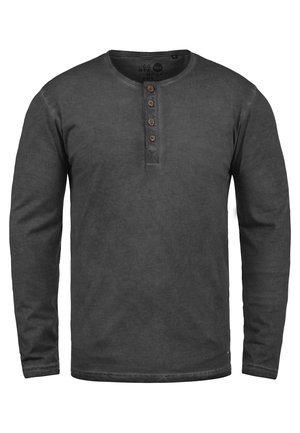 Long-sleeve dark gray henley shirt made from soft fabric, featuring a round neckline and three-button placket with wooden buttons.