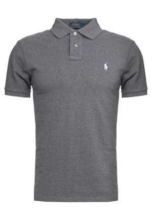 Harmaa Ralph Lauren -pikeepaita, jossa lyhyet hihat, kahden napin nappilista ja vasemmassa rinnassa pieni valkoinen kirjailtu logo.