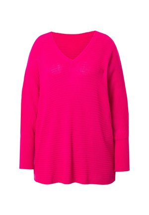 Pull à col en V, à manches longues, en rose vif, avec un motif de tricot texturé et une coupe décontractée avec un ourlet droit.