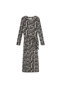 Schwarzes langärmliges Kleid mit tailliertem Design, das ein weißes kreisförmiges und geometrisches Muster aufweist. Hergestellt aus weichem, leichtem Stoff.