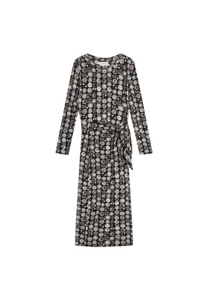Black long-sleeve dress with a cinched waist, featuring a white circular and geometric pattern throughout. Made from soft, lightweight fabric.