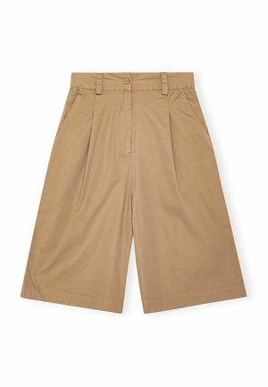 Beige cotton shorts with a relaxed fit, featuring pleats, button closure, and side pockets. Smooth texture and knee-length design.