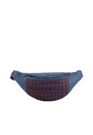 Blaue Leder-Gürteltasche mit einer strukturierten Vorderseite in Schwarz und Pink, ausgestattet mit einem Reißverschluss oben und einem verstellbaren Gurt.