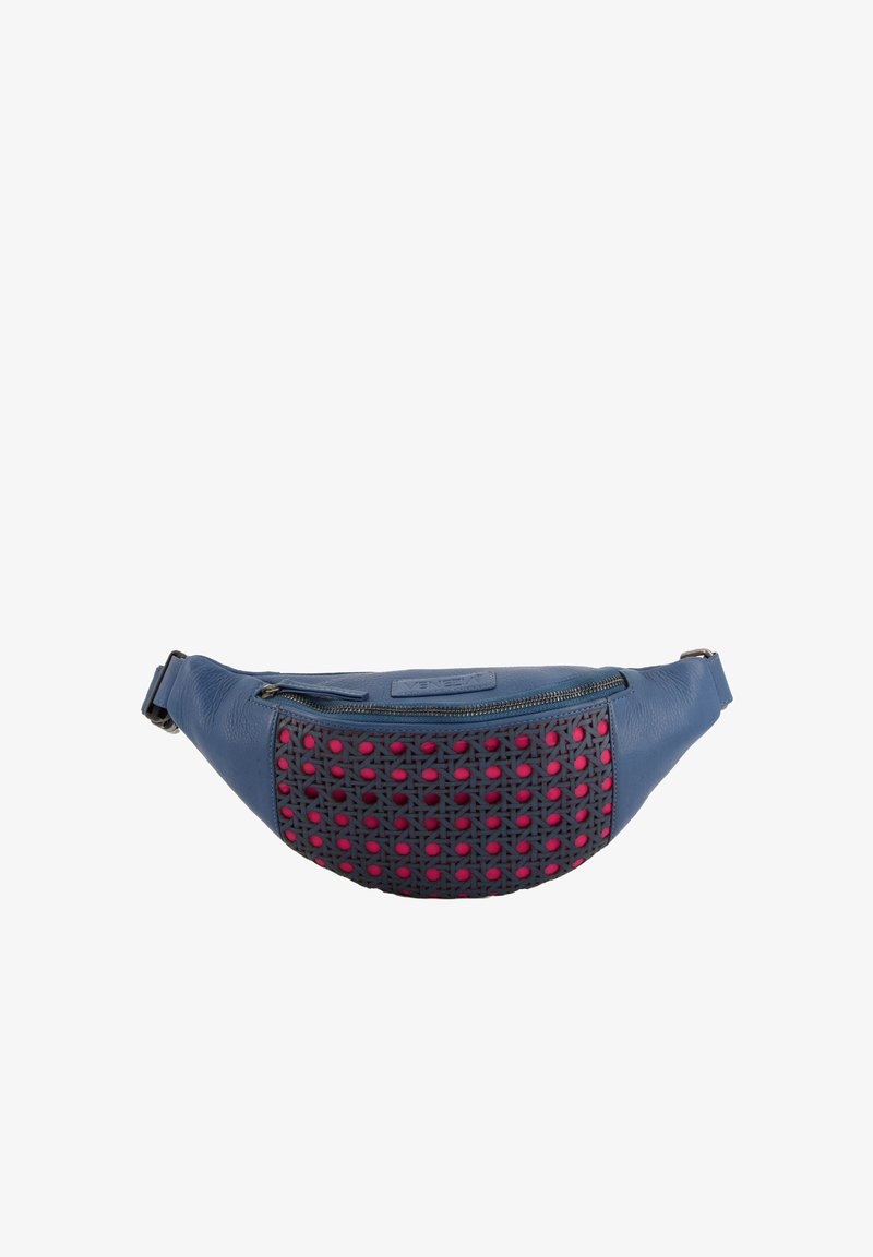 Blaue Leder-Gürteltasche mit einer strukturierten Vorderseite in Schwarz und Pink, ausgestattet mit einem Reißverschluss oben und einem verstellbaren Gurt.