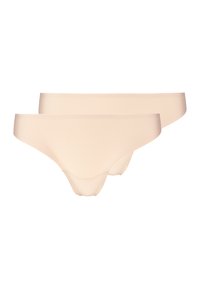 Sous-vêtements bikini beige sans couture, tissu doux, texture lisse, design taille basse sans coutures visibles, en pack de deux.