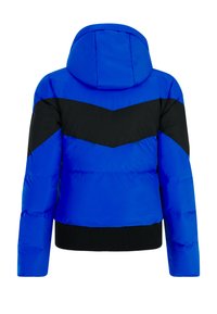 Modrá a čierna zateplená bunda s kapucňou, s chevronovým dizajnom, elastickými manžetami a rebrovaným čiernym lemom. Hladký, lesklý povrch.