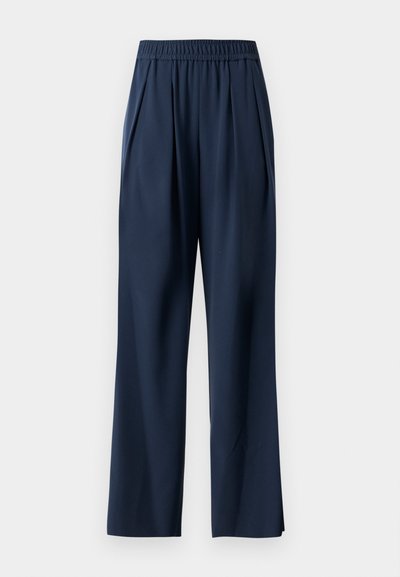 Navy blue high-waist pants with an elastic waistband, straight wide legs, and side pockets, displayed against a plain background.