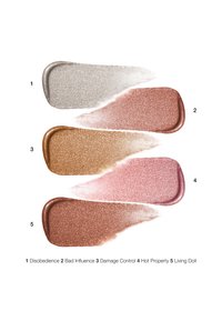 Cinq échantillons horizontaux numérotés de nuances de maquillage scintillantes en argent, or rose, or, rose et bronze avec les noms des nuances correspondants en dessous.