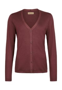 Burgundy lättvikts cashmere cardigan med V-hals, långa ärmar och fem knappar framtill.