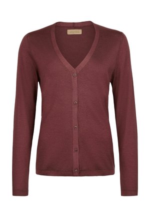 Bordeaux kleurige lichtgewicht kasjmier cardigan met V-hals, lange mouwen en vijf knopen aan de voorkant.