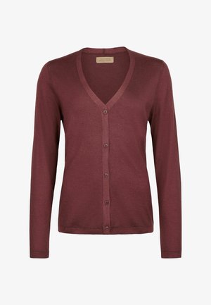 Bordeaux letvægts kashmir cardigan med V-udskæring, lange ærmer og fem knapper ned ad forsiden.