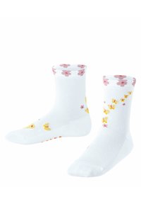 Weiße Knöchelsocken mit einem strukturierten Netzdesign. Sie sind mit rosa und gelben Blumenmustern sowie orangefarbenen Akzenten an der Sohle versehen.