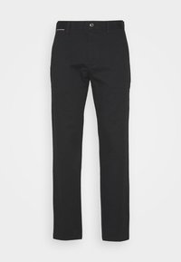 Svarta byxor med rak bendesign, tillverkade av slät tyg. Har knappstängning och en liten detalj vid midjan.