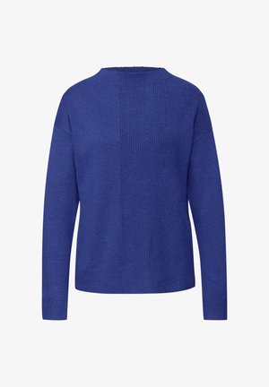 Blue knit sweater with a round neckline, long sleeves, and a textured finish. Features a relaxed fit and a solid color without patterns.