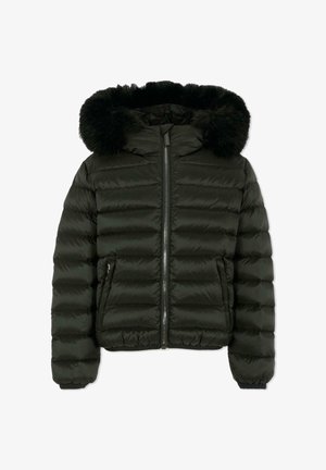 Giacca a vento nera con zip frontale, due tasche con zip e cappuccio con un folto bordo di pelliccia nera.