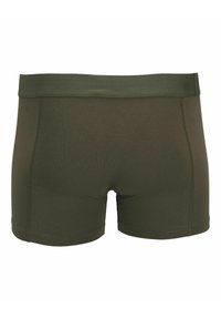 Grüne Baumwollboxershorts mit glatter Textur, breitem Bund und genähten Nähten. Das Design ist einfach und figurbetont.