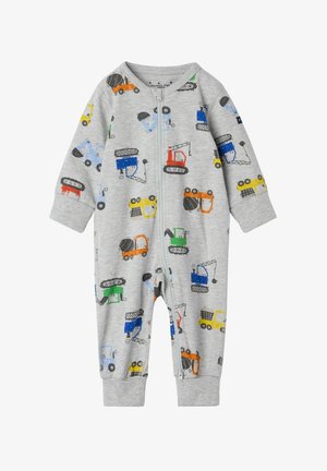 Gray cotton onesie with long sleeves, featuring colorful cartoon construction vehicles in yellow, blue, green, and orange, and a front zipper.