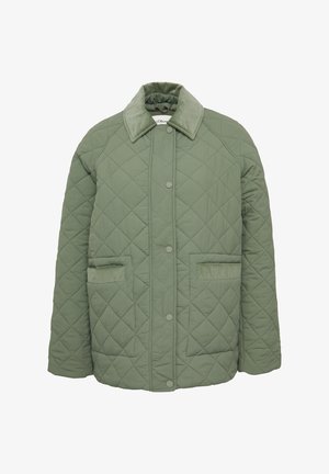 Podložena jakna v olivno zeleni barvi s kordurojevim ovratnikom, dvema sprednjima žepoma in zapiranjem na gumbke. Teksturovan material s diamantnim vzorcem.