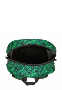Green patterned zippered bag featuring a smooth interior, black lining, and two side handles for easy carrying.