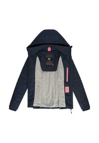 Veste bleu marine avec doublure en polaire grise, accents roses, capuche et poches zippées. Dotée de poignets élastiques et d'un motif sur l'étiquette intérieure.