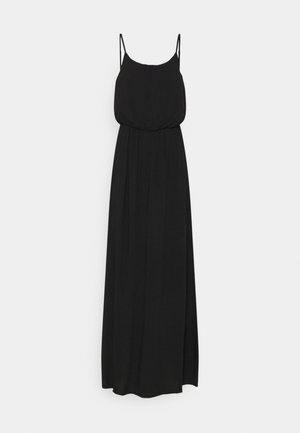 Robe maxi noire sans manches avec fines bretelles spaghetti et taille froncée, présentée sur un fond clair uni.
