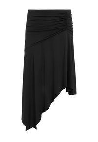 Jupe noire asymétrique avec un détail froncé d'un côté et un ourlet diagonal plus long du côté droit.