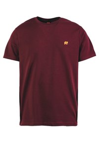 Burgunderfarbendes Baumwoll-T-Shirt mit rundem Ausschnitt, kurzen Ärmeln und einem gestickten gelben Elefantenlogo auf der Brust. Schlichtes, lässiges Design.