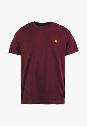T-shirt in cotone borgogna con collo rotondo, maniche corte e logo di un elefante giallo ricamato sul petto. Design semplice e casual.