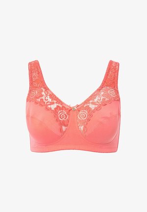 Reggiseno corallo con sovrapposizione di pizzo sul davanti, spalline larghe e fiocco decorativo al centro. Tessuto liscio con dettagli cuciti per dare struttura.
